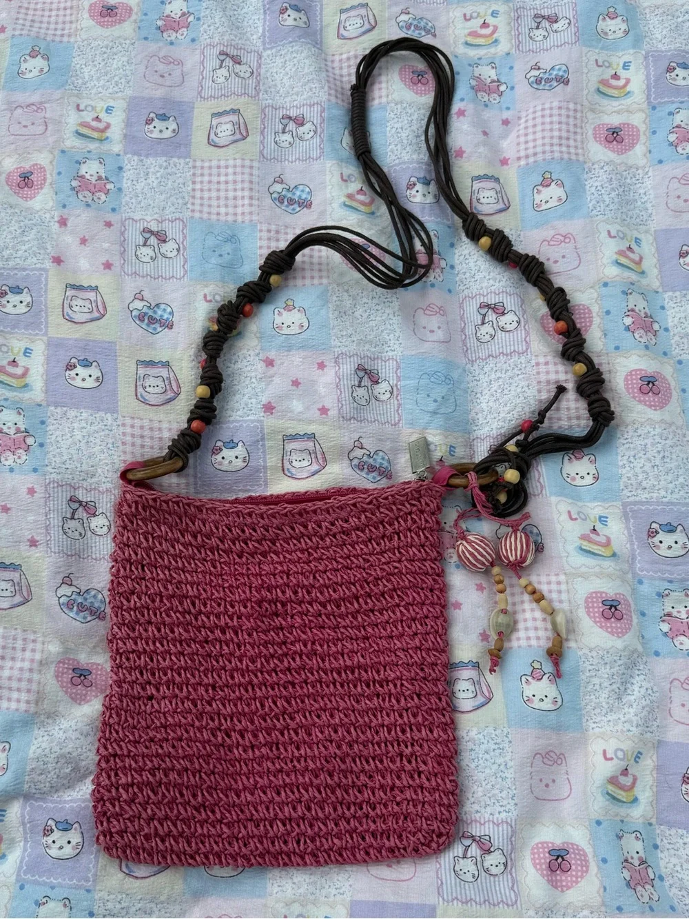 Sun ‘N’ Sand Pink Crochet Crossbody Bag with Beaded Strap